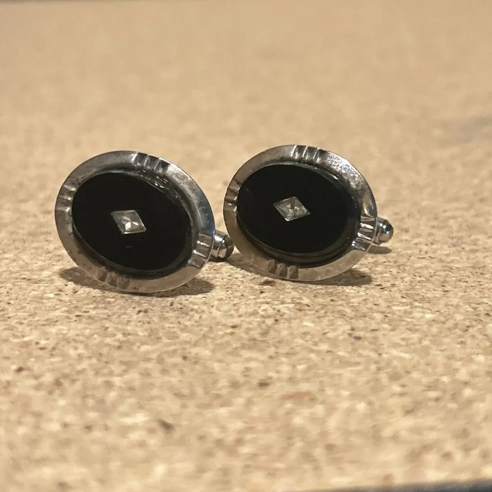 Vintage Onyx Black Cufflinks Silvertone